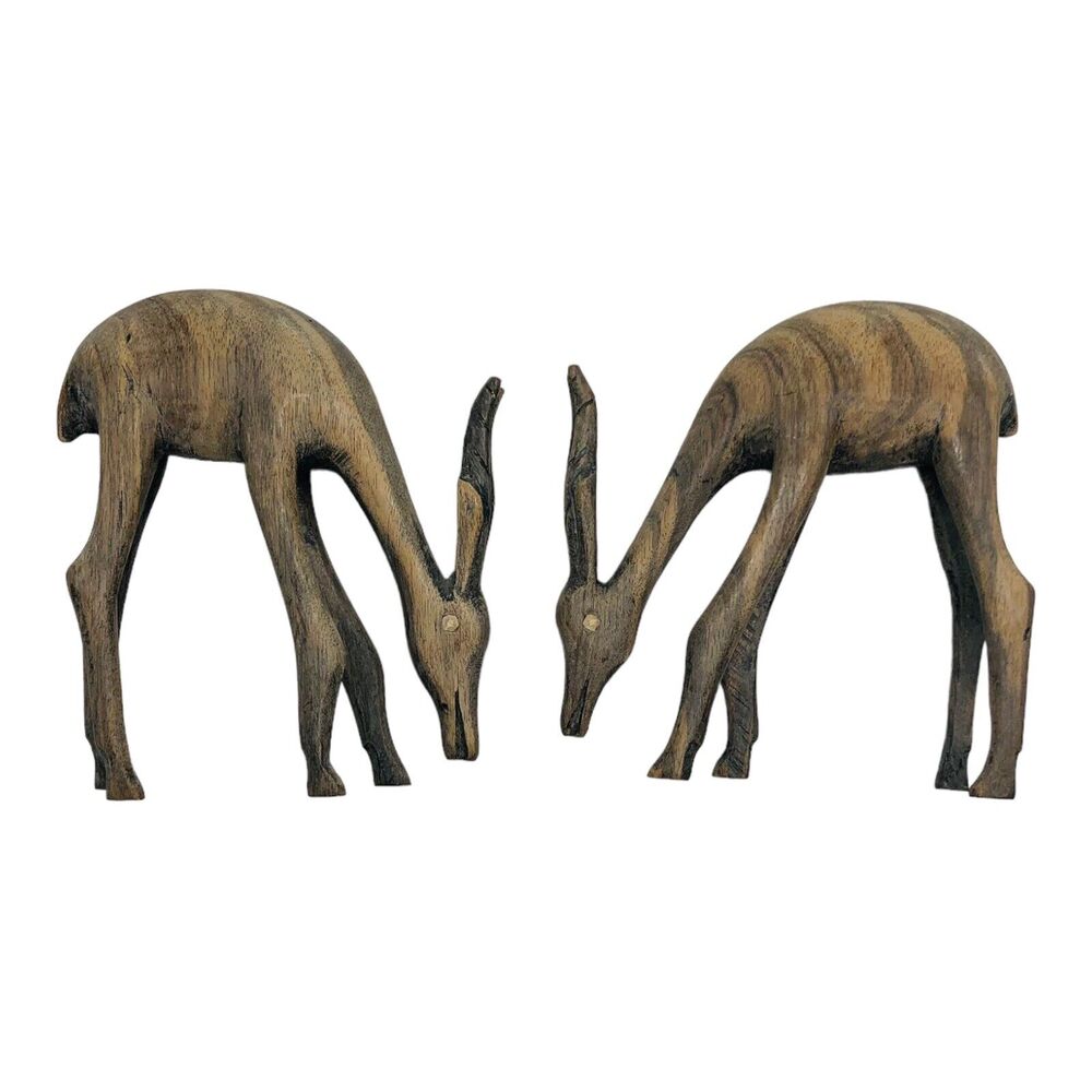 Set Of 2 Vintage Ash Drift Wood Hand Carved Deer Figurine Mid-Century Pair Gray